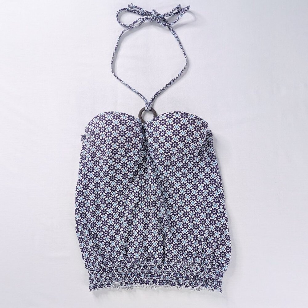 Y2k L.E.I. Blue White Purple Halter Neck Wood Bead Stretch Tube Top Built In Bra
